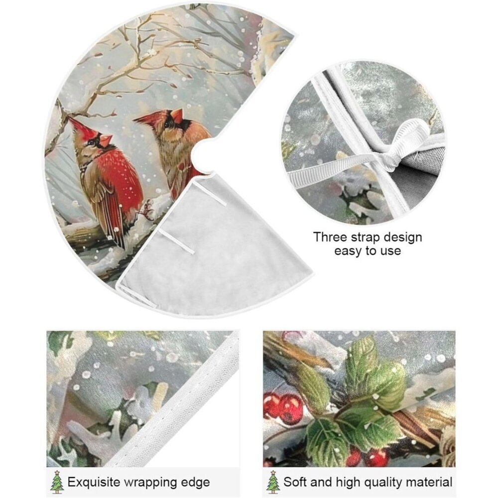 Winter Cardinal Birds Christmas Tree Skirt 48 inch Decorations Poinsettia Berry - Picture 4 of 6